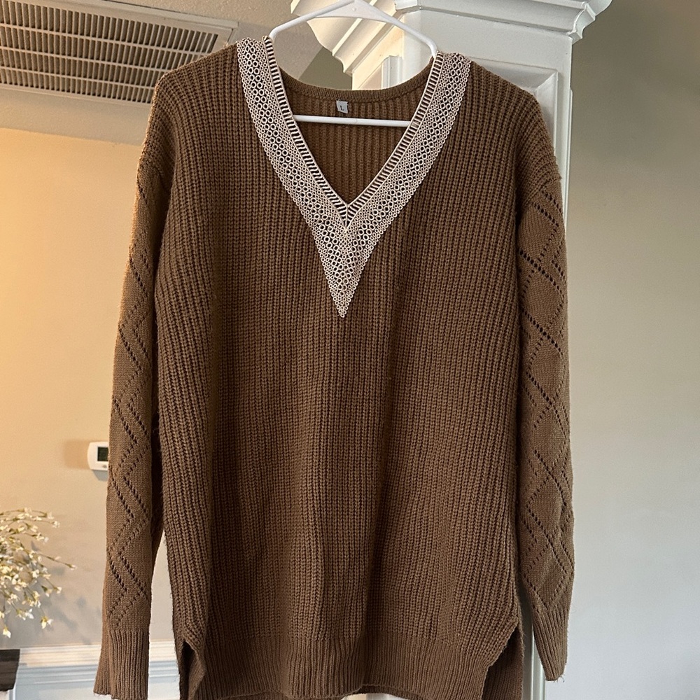Brown V-Neck Knit Sweater with Contrast Trim